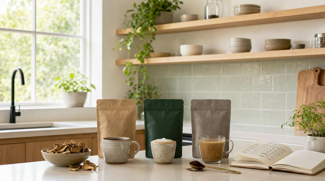 Mushroom coffee comparison scene with cups and jars on a kitchen counter
