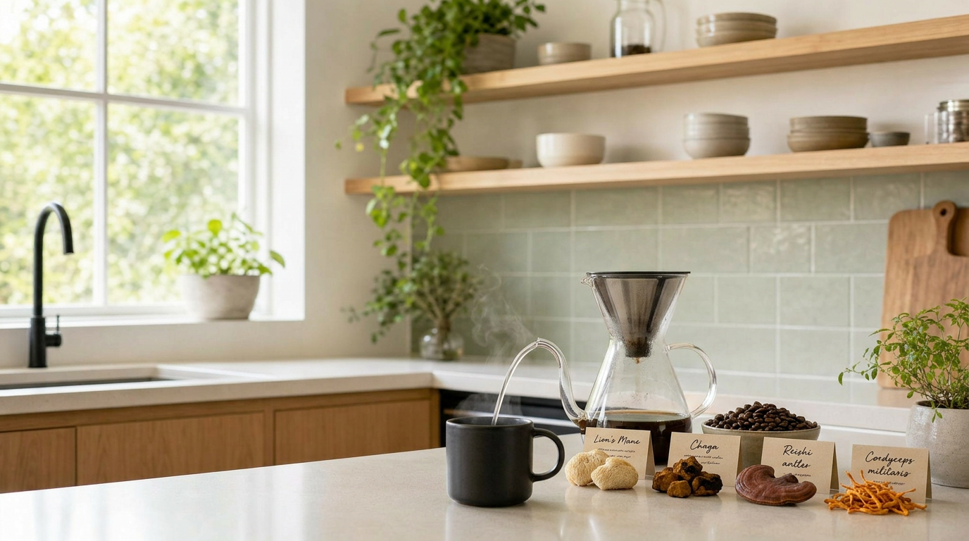Mushroom coffee benefits hero image with mug and functional mushroom ingredients on a kitchen counter