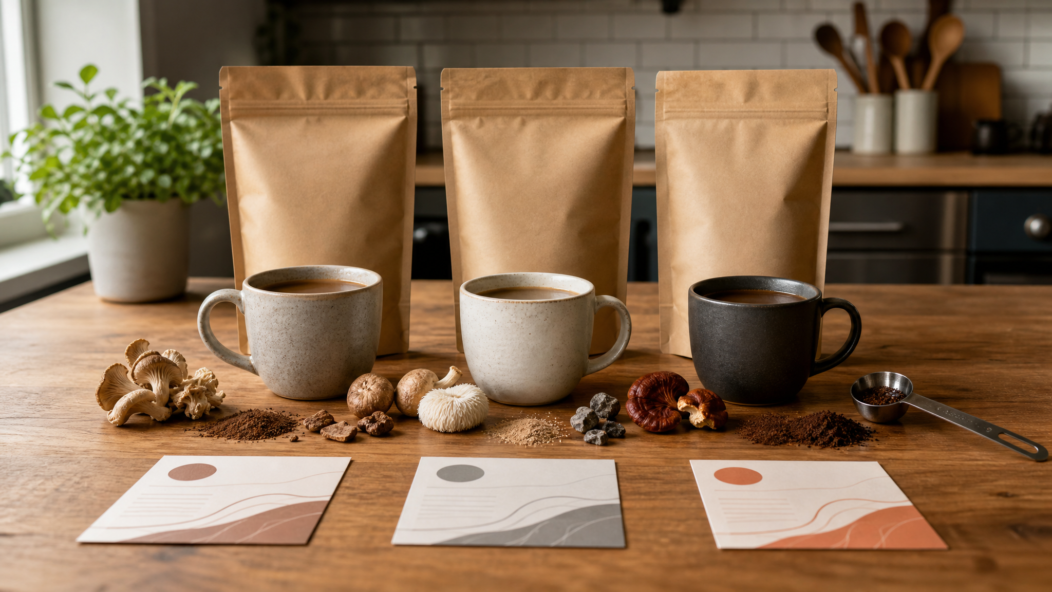 Unbranded mushroom coffee comparison setup with cups, ingredient notes and coffee pouches