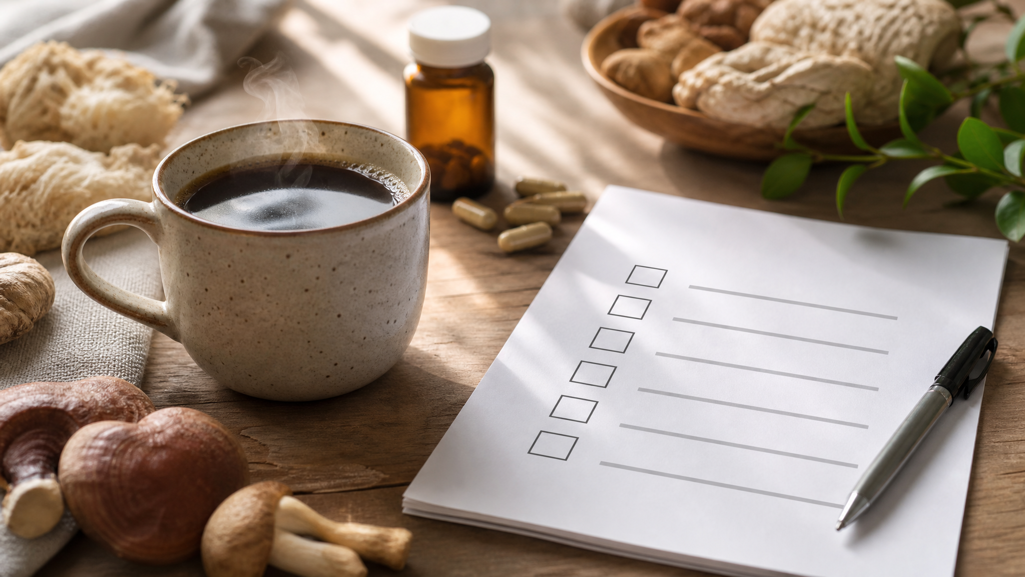 Mushroom coffee safety checklist with mug and functional mushrooms
